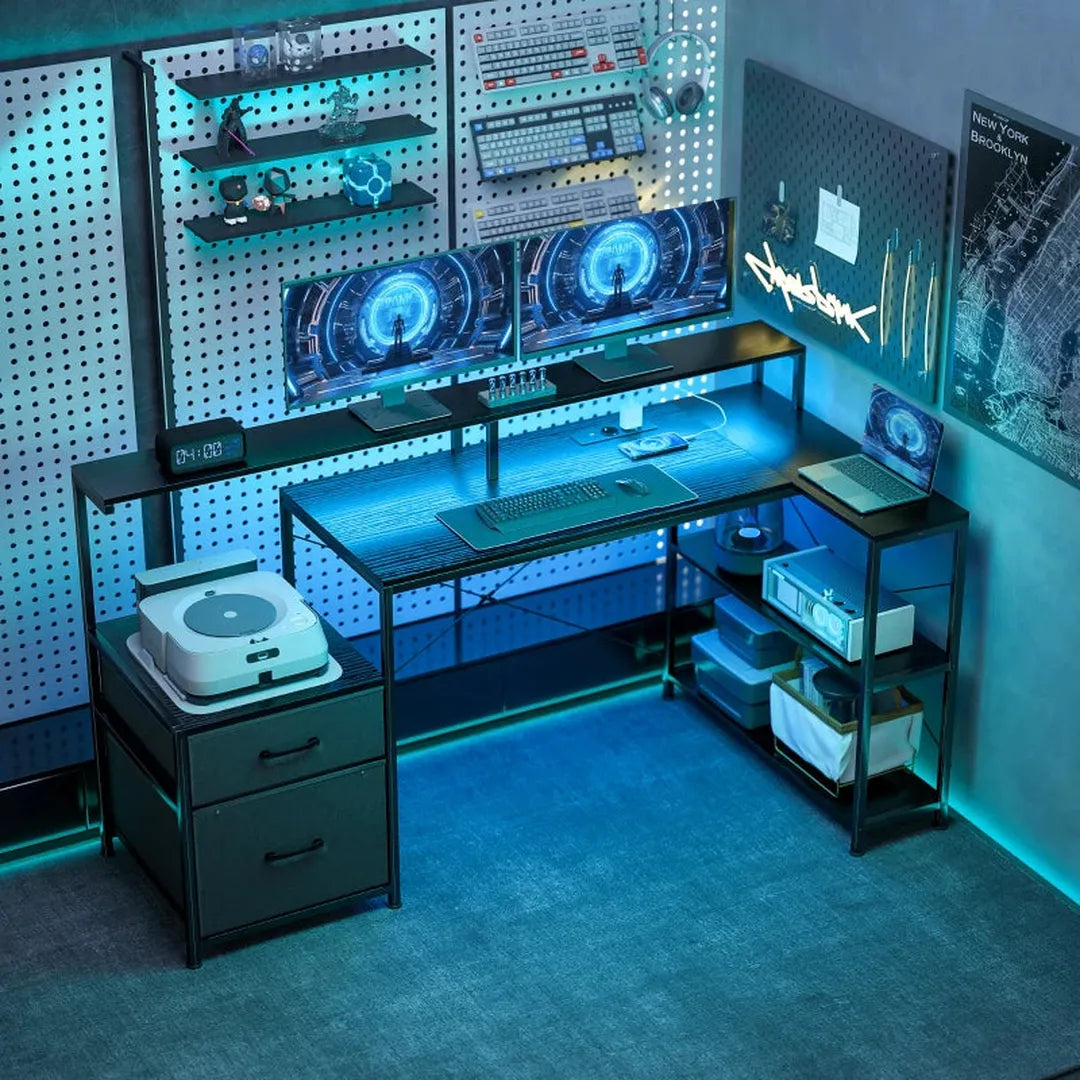 L-vormig bureau met LED en stopcontacten – hoekbureau met dubbele monitorstand en lades, 165 × 80 × 91,5 cm