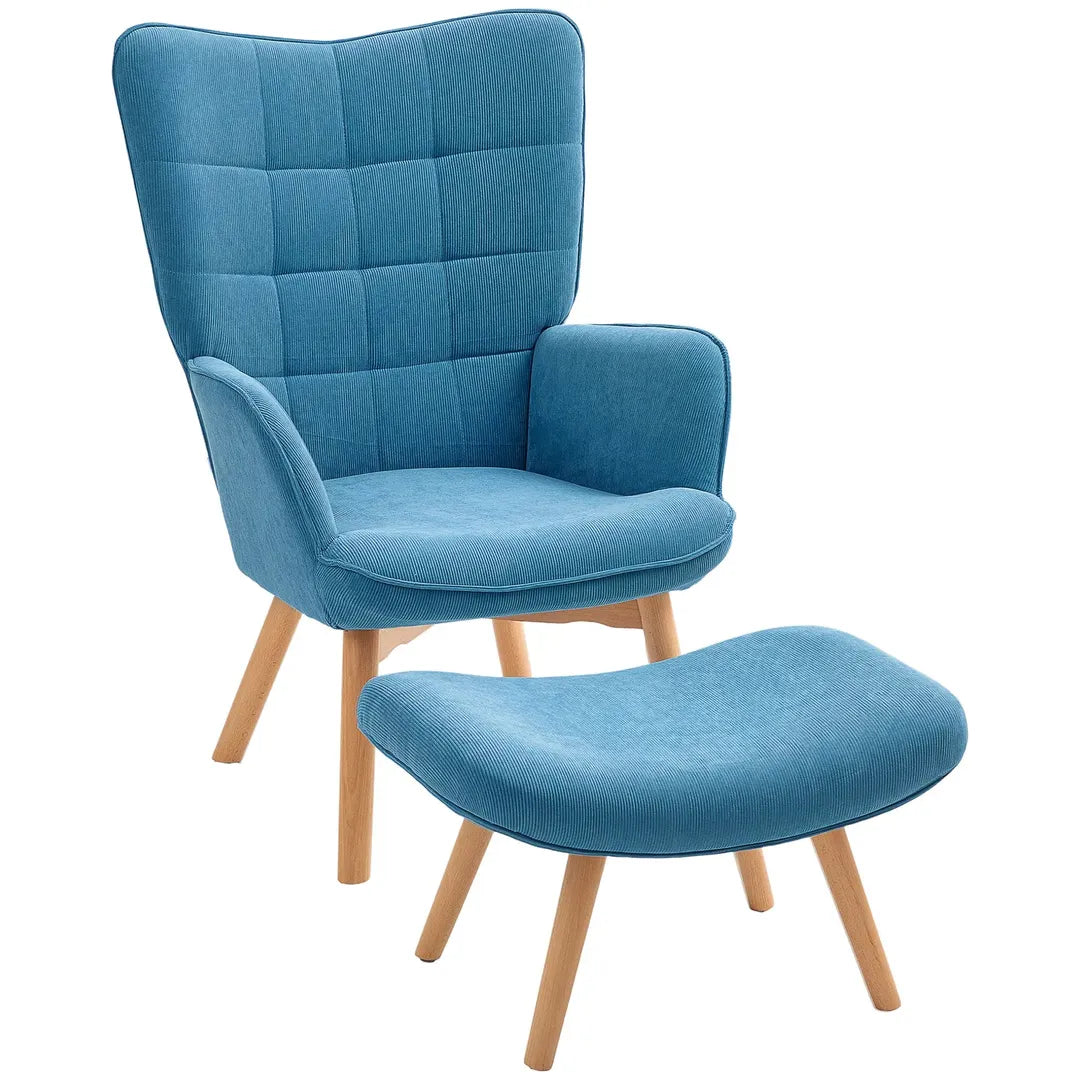 Fauteuil met Hocker – Relaxstoel in Cordstof met Armleuningen en Houten Poten, Grijs, voor Woonkamer