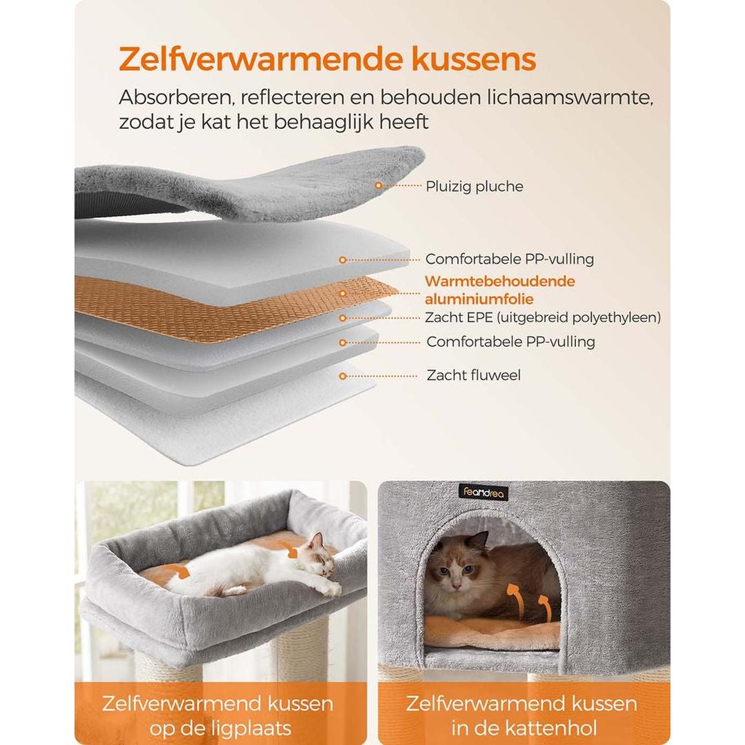 Zelfverwarmende Krabpaal voor Katten – Krabmeubel met 9 Sisalstammen, Massageborstels en Stabiele Basis
