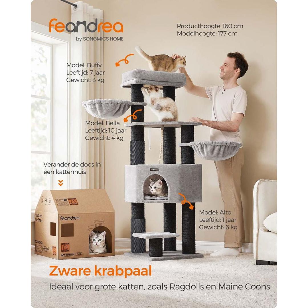 Zelfverwarmende Krabpaal voor Katten – Krabmeubel met 9 Sisalstammen, Massageborstels en Stabiele Basis