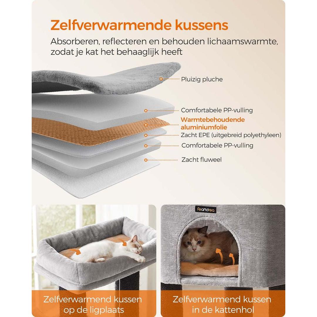 Zelfverwarmende Krabpaal voor Katten – Krabmeubel met 9 Sisalstammen, Massageborstels en Stabiele Basis