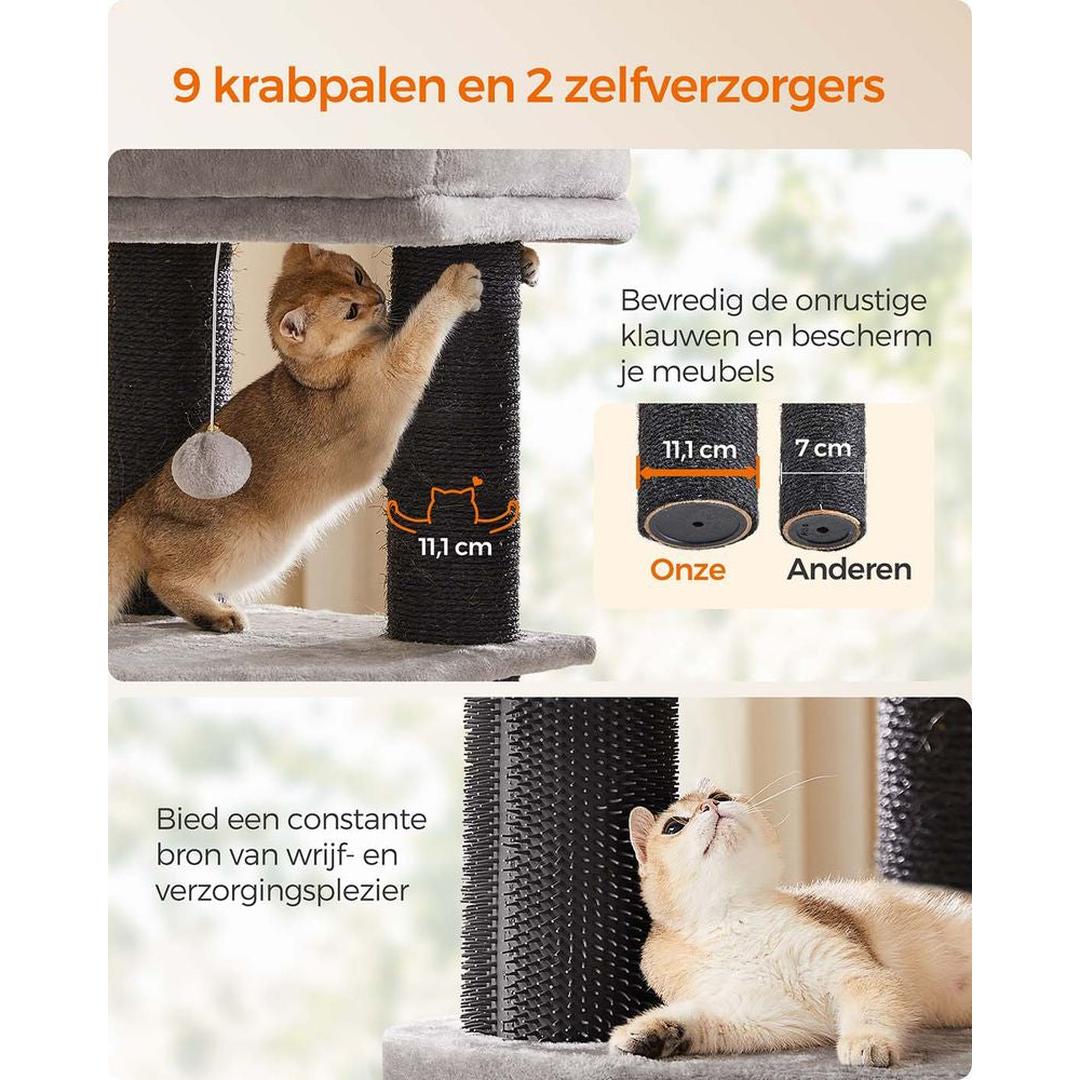 Zelfverwarmende Krabpaal voor Katten – Krabmeubel met 9 Sisalstammen, Massageborstels en Stabiele Basis