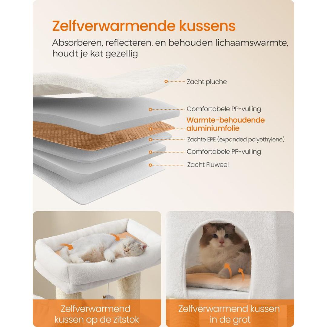 Zelfverwarmende Krabpaal voor Katten – Krabmeubel met 9 Sisalstammen, Massageborstels en Stabiele Basis