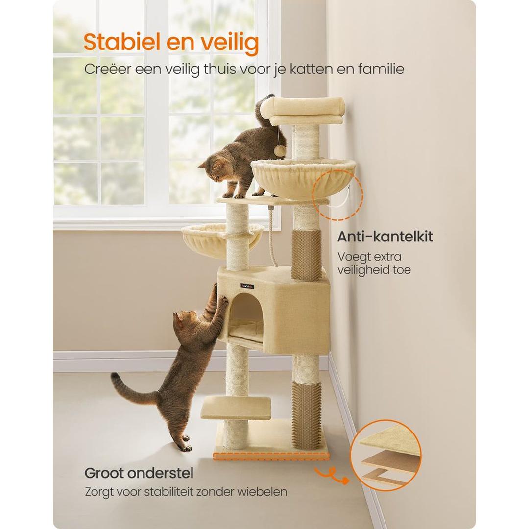 Zelfverwarmende Krabpaal voor Katten – Krabmeubel met 9 Sisalstammen, Massageborstels en Stabiele Basis