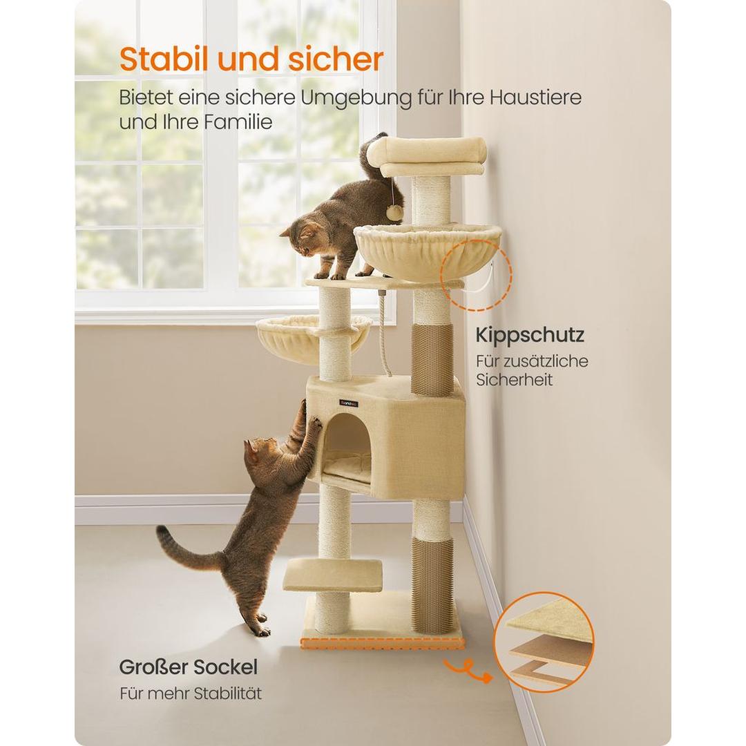 Krabpaal 160 cm met Platforms – 50 × 50 cm – Crème-Beige Klim- en Speelmeubel voor Katten
