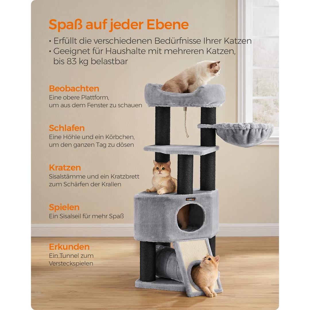Krabpaal 141 cm met Dikke Sisalstammen – Grijs Klim- en Speelmeubel voor Katten