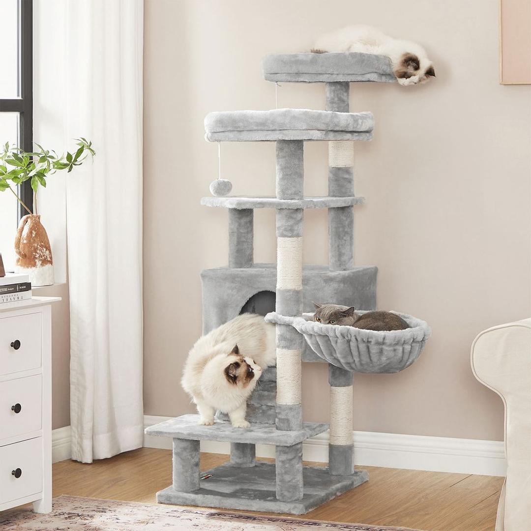 Krabpaal met huisje, ligplatform en speelbal – sisalpalen, stabiele constructie, 142 cm hoog