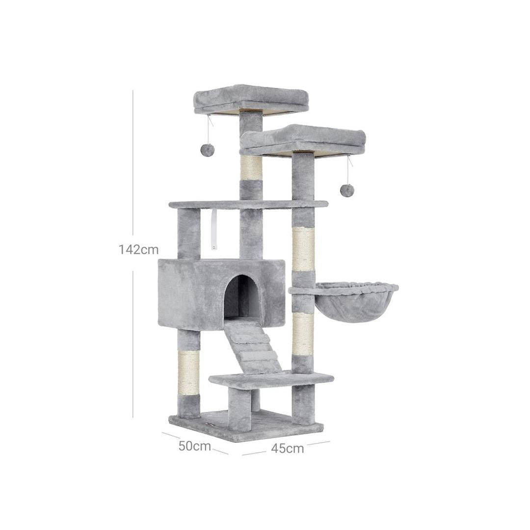 Krabpaal met huisje, ligplatform en speelbal – sisalpalen, stabiele constructie, 142 cm hoog