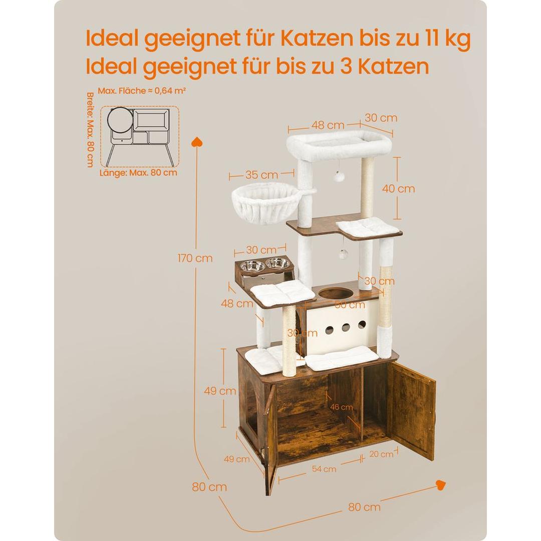 Kattenkrabpaal 170 cm – grote krabpaal met kattenhuis, verhoogde voerbakken en opbergruimte