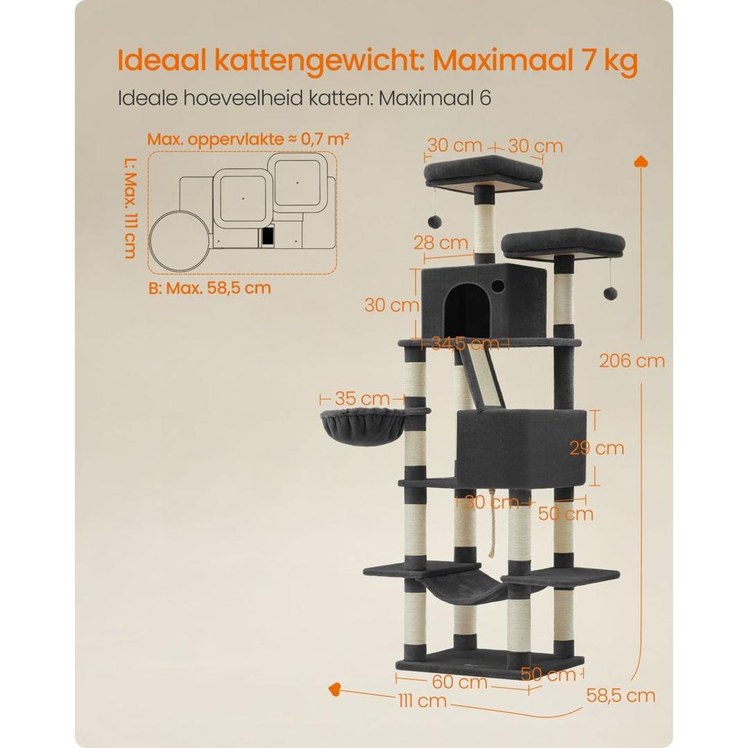 XXL Krabpaal 206 cm Hoog – Kattenkrabpaal met Meerdere Plateaus, Sisal Krabzuilen en Hangmat