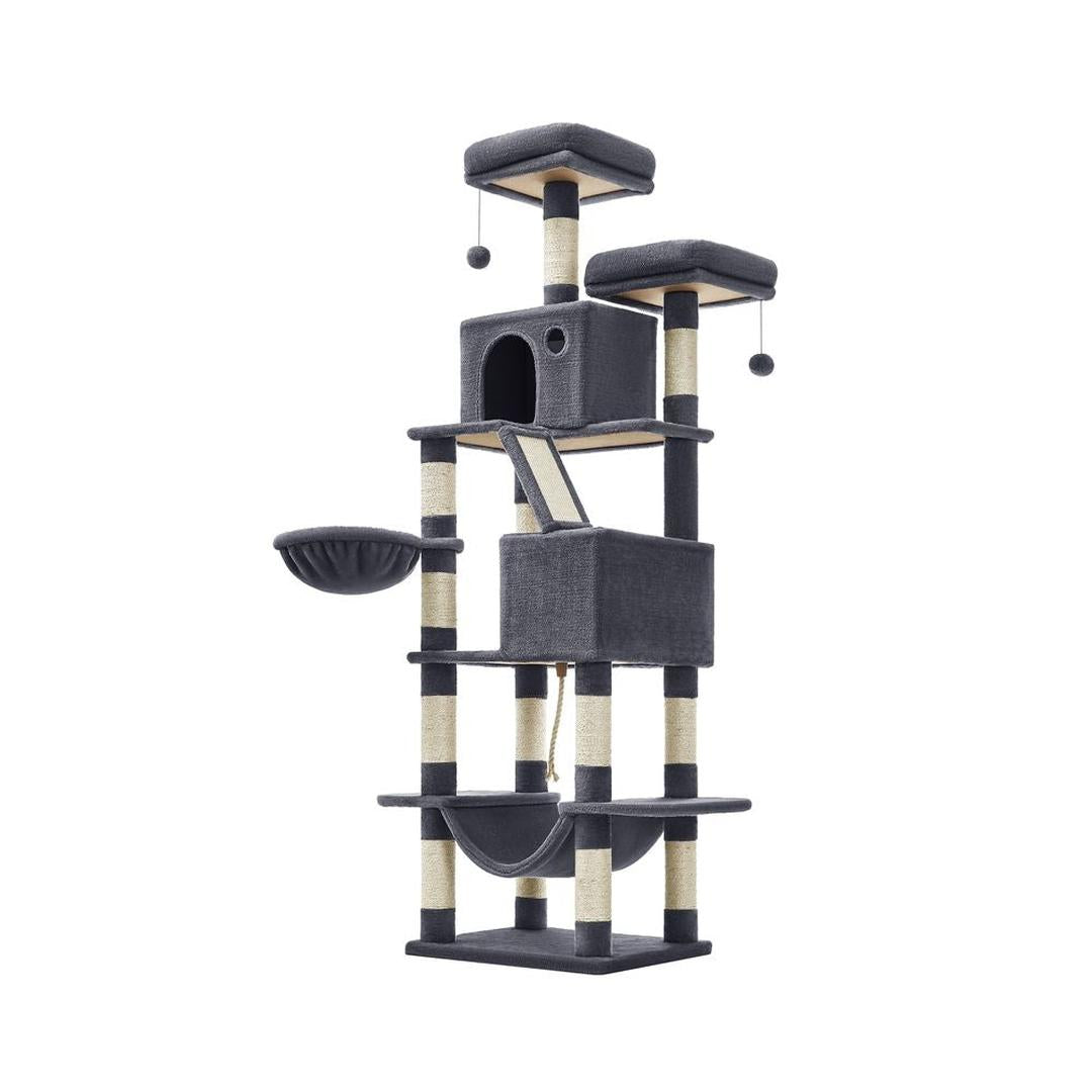 XXL Krabpaal 206 cm Hoog – Kattenkrabpaal met Meerdere Plateaus, Sisal Krabzuilen en Hangmat