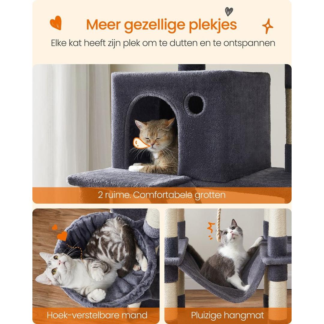 XXL Krabpaal 206 cm Hoog – Kattenkrabpaal met Meerdere Plateaus, Sisal Krabzuilen en Hangmat