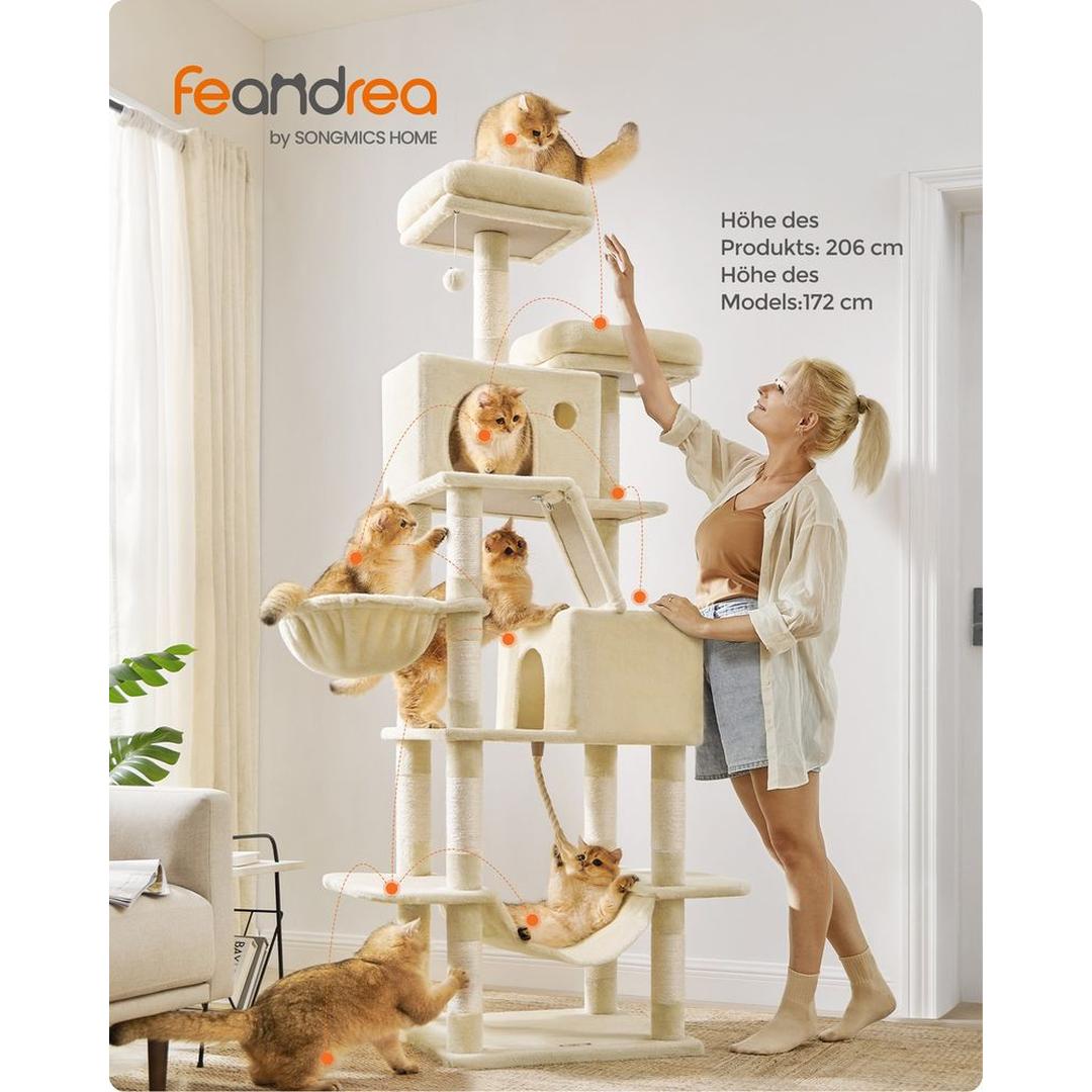 XXL Krabpaal 206 cm Hoog – Kattenkrabpaal met Meerdere Plateaus, Sisal Krabzuilen en Hangmat