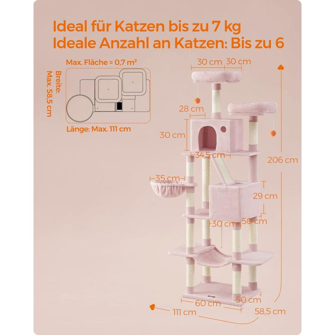 XXL Krabpaal 206 cm Hoog – Kattenkrabpaal met Meerdere Plateaus, Sisal Krabzuilen en Hangmat