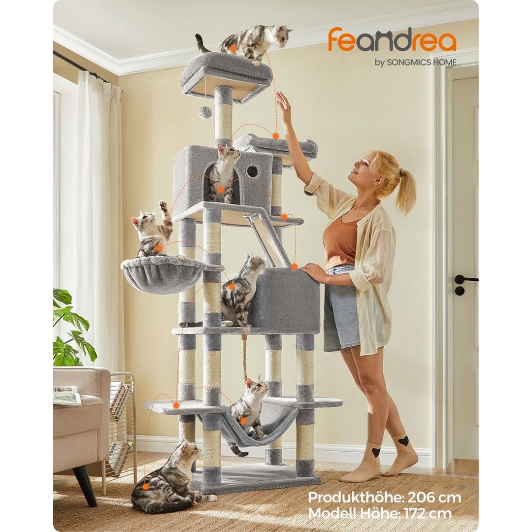 XXL Krabpaal 206 cm Hoog – Kattenkrabpaal met Meerdere Plateaus, Sisal Krabzuilen en Hangmat