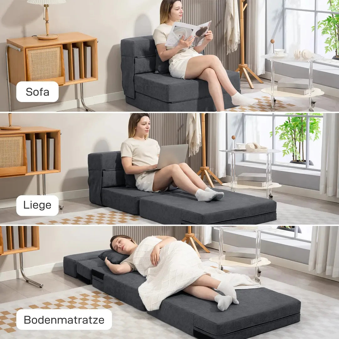 Zitbank voor op de vloer – Ombouwbaar tot matras, schuimvulling, kussens, lichtgrijs