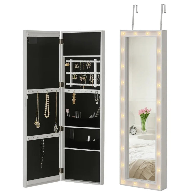 Sieradenkast met spiegel – wandmodel – 2-in-1 opbergkast en spiegel – MDF – wit – 36,6 x 8 x 120 cm