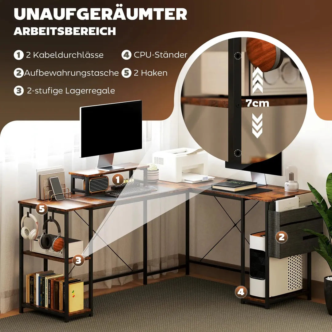 L-vormig bureau met verstelbare legplanken en monitorstand – hoekbureau met opbergtas, bruin