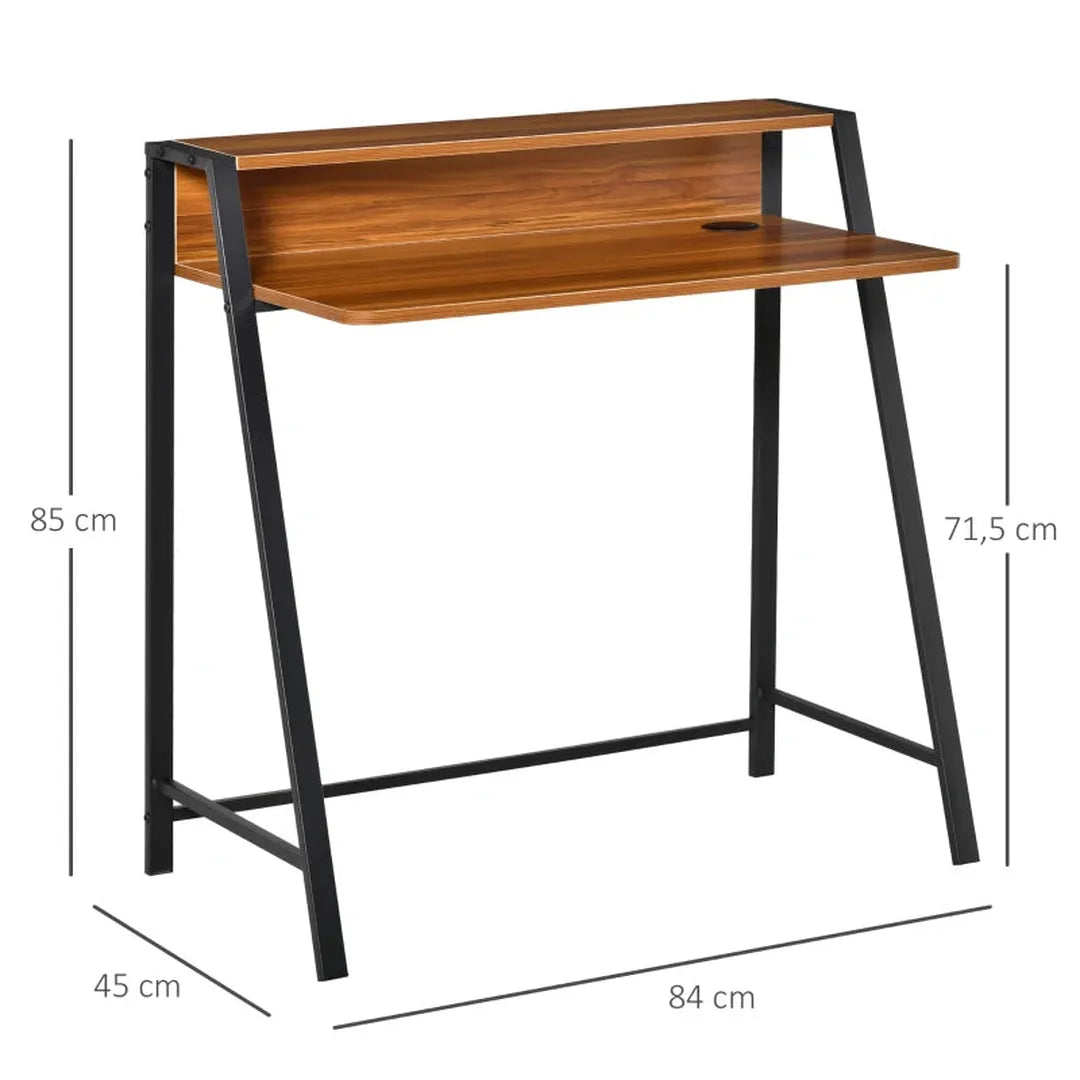 Bureau wit/eiken – computertafel met opbergvak en kabelmanagement, compact bureau met metalen frame 84x45x85 cm
