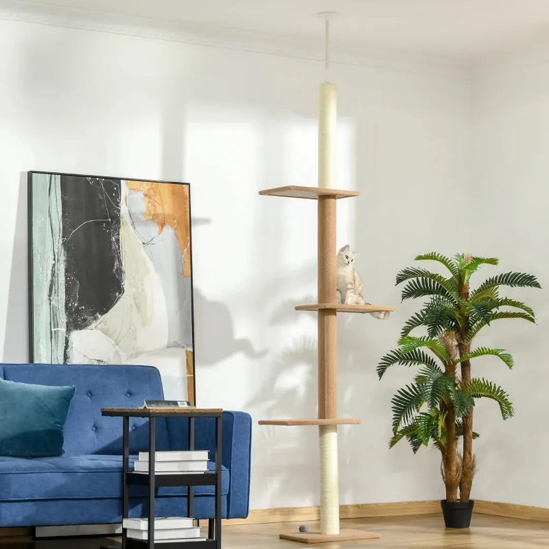 Krabpaal van vloer tot plafond – in hoogte verstelbaar 228-260 cm – 3 niveaus – lichtbruin