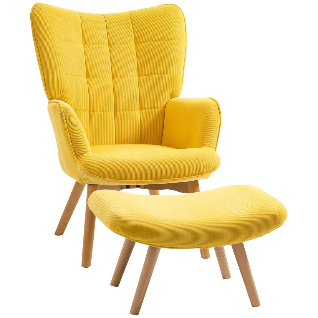 Fauteuil met Hocker – Relaxstoel in Cordstof met Armleuningen en Houten Poten, Grijs, voor Woonkamer
