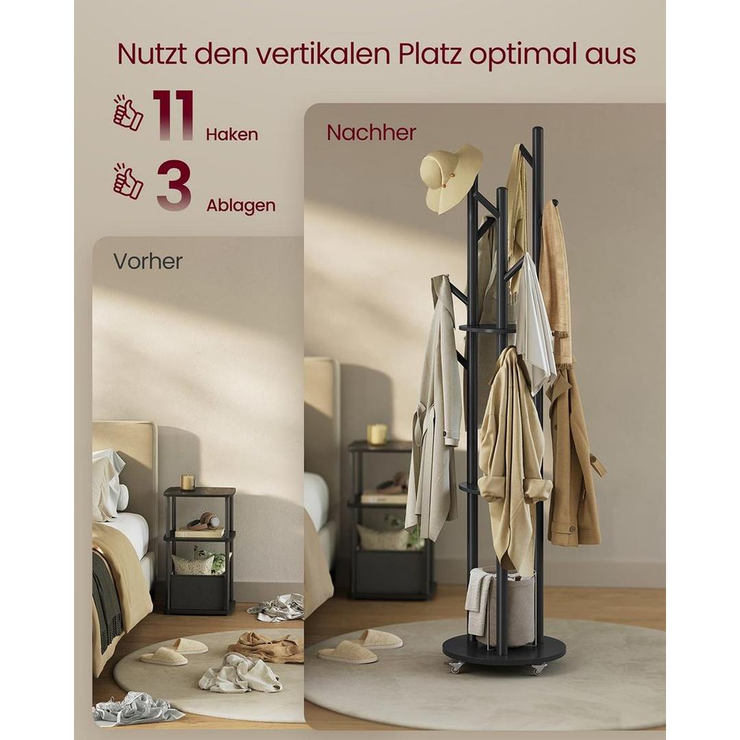 Staande kapstok met massief houten planken en haken – met wieltjes, Ø 40 × 175 cm