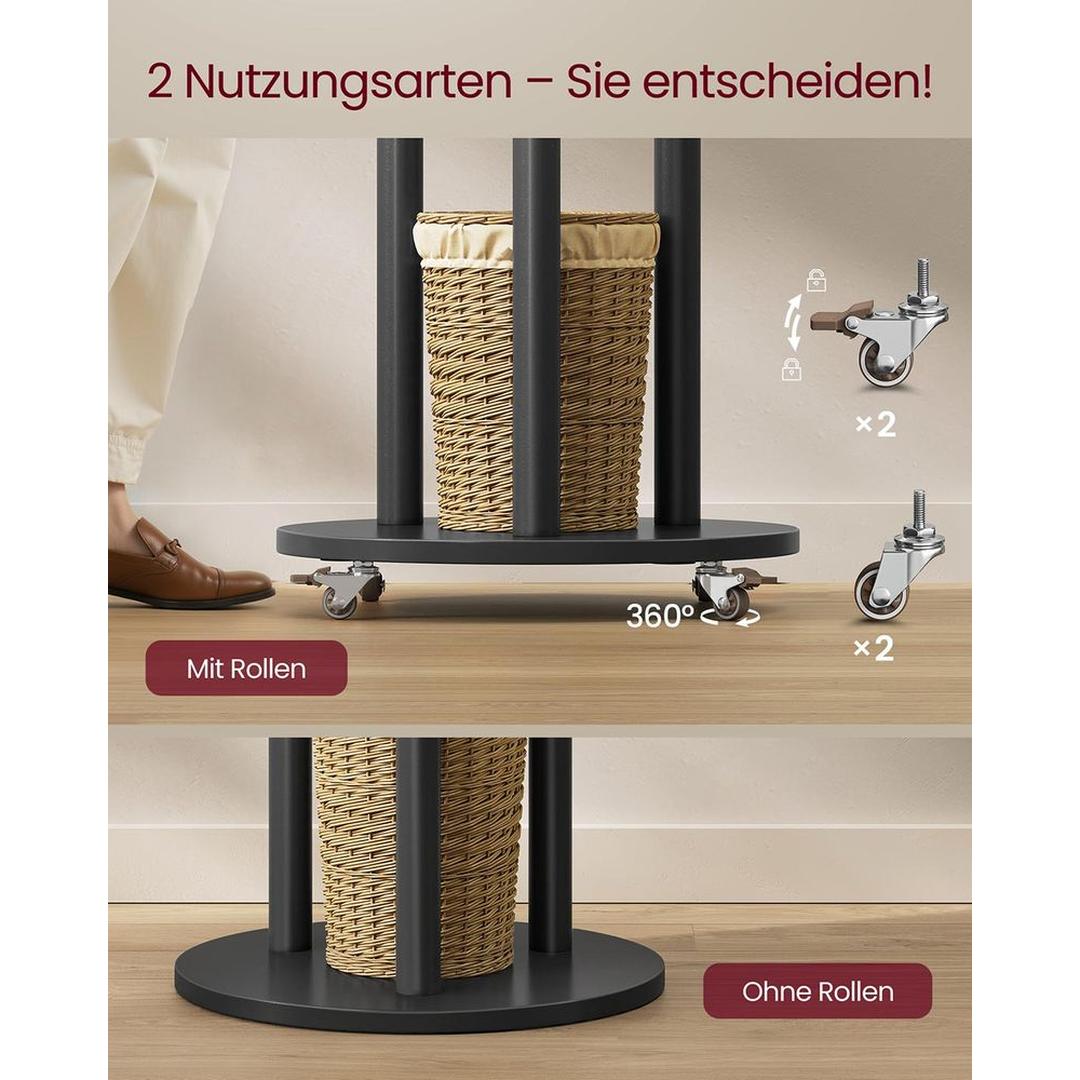 Staande kapstok met massief houten planken en haken – met wieltjes, Ø 40 × 175 cm