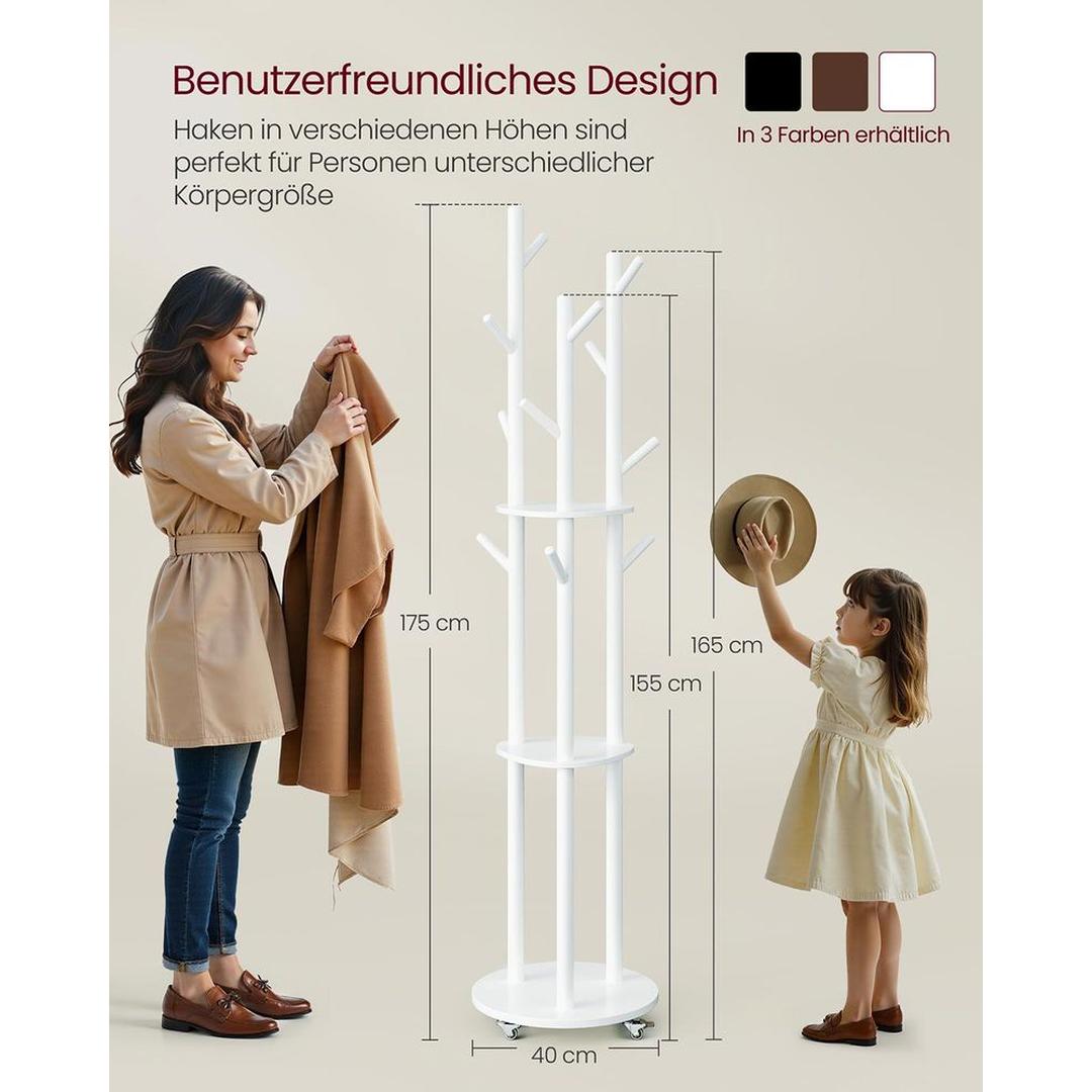 Staande kapstok met massief houten planken en haken – met wieltjes, Ø 40 × 175 cm