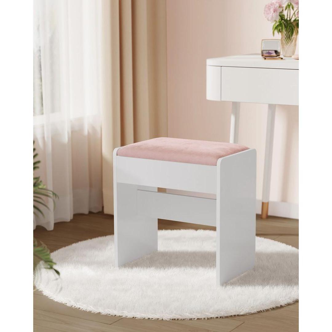 Make-up kruk met velvet zitting – roze bekleding – witte houten poef – draagkracht 120 kg