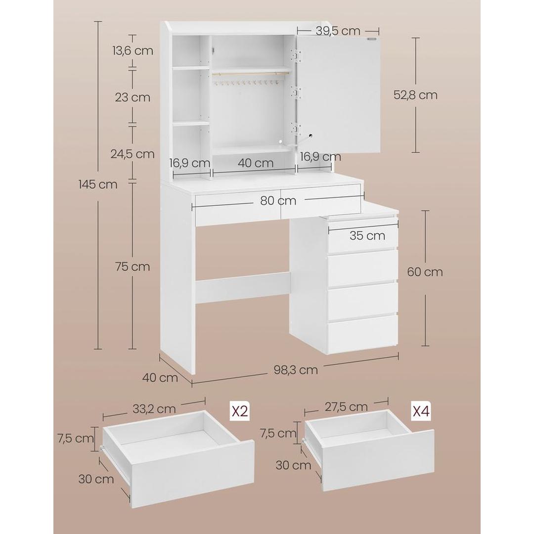 Kaptafel met LED Verlichting – 3 Lichtstanden, 6 Lades en Hoogteverstelbare Legplanken met Spiegel