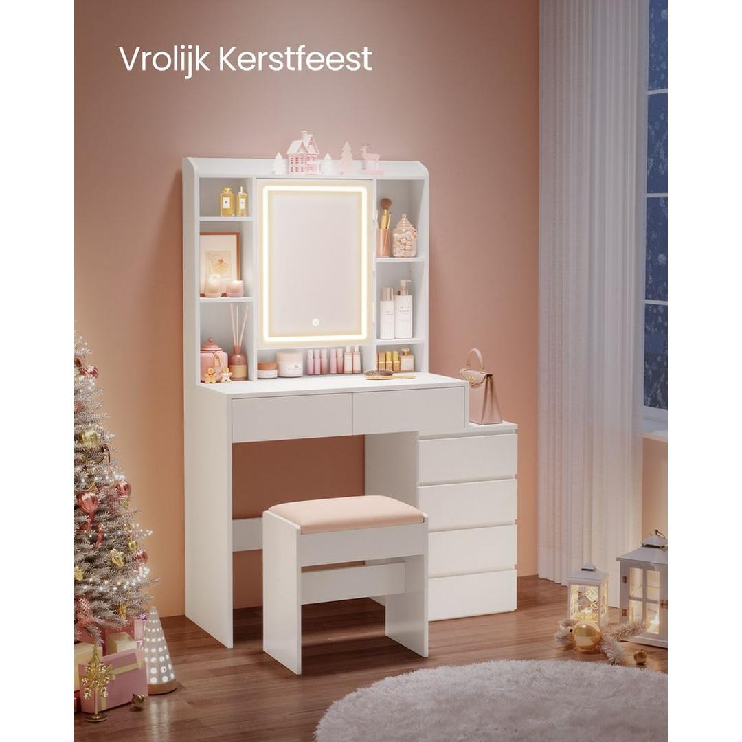 Kaptafel met Spiegel en LED Verlichting – Make-uptafel met Verstelbare Legplanken en Meerdere Opbergvakken