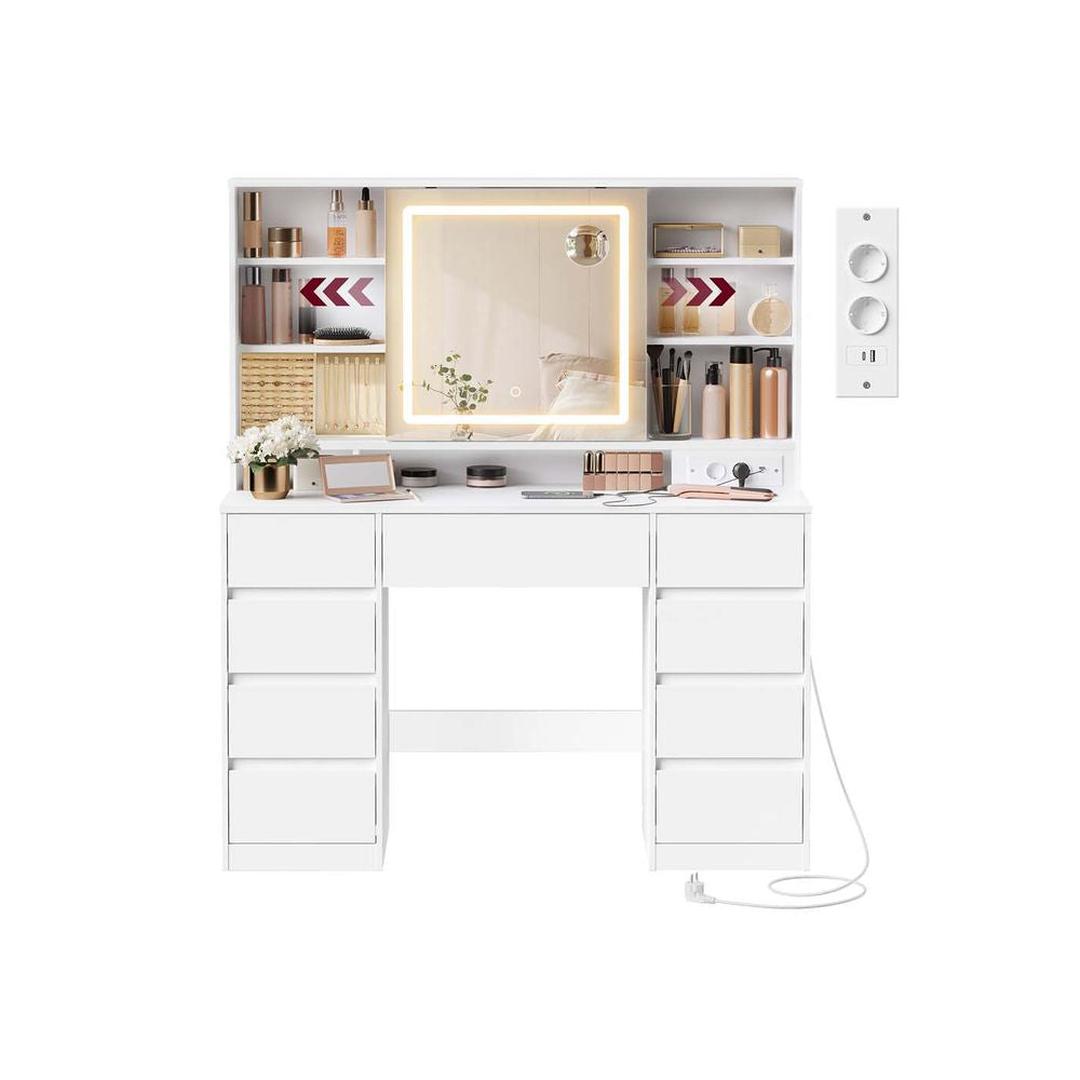 Kaptafel met Spiegel en LED-verlichting – Make-uptafel met 9 Lades, Open Vakken en Verstelbare Planken in Wolkenwit