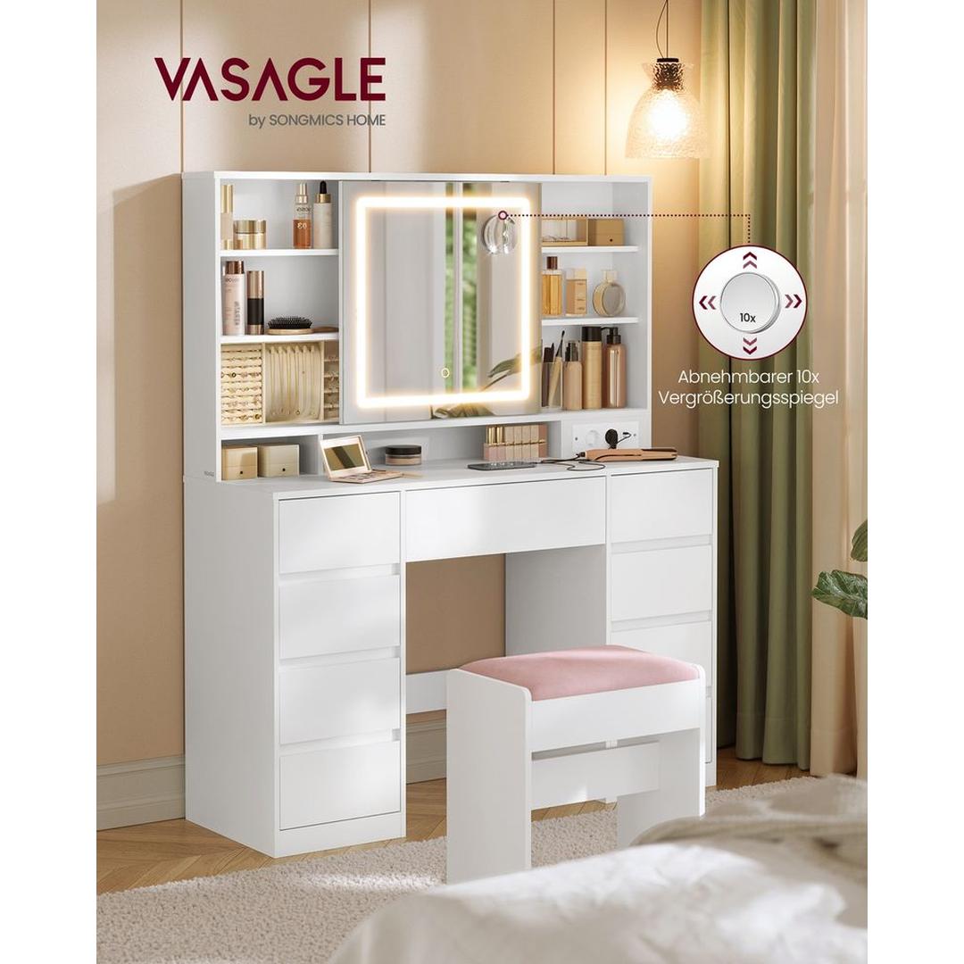 Kaptafel met Spiegel en LED-verlichting – Make-uptafel met 9 Lades, Open Vakken en Verstelbare Planken in Wolkenwit