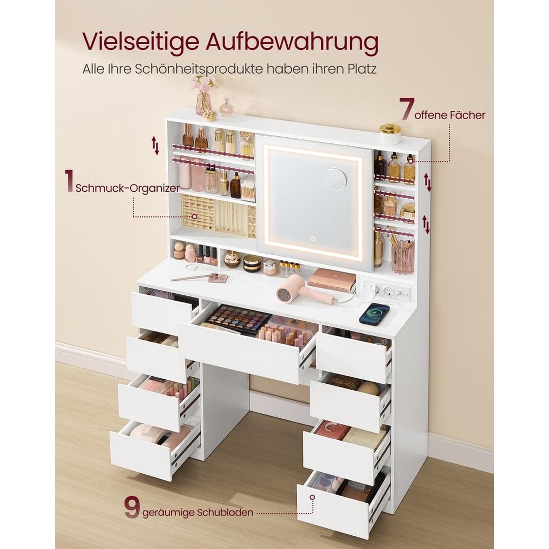 Kaptafel met Spiegel en LED-verlichting – Make-uptafel met 9 Lades, Open Vakken en Verstelbare Planken in Wolkenwit