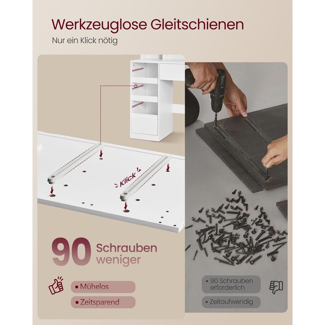 Kaptafel met Spiegel en LED-verlichting – Make-uptafel met 9 Lades, Open Vakken en Verstelbare Planken in Wolkenwit