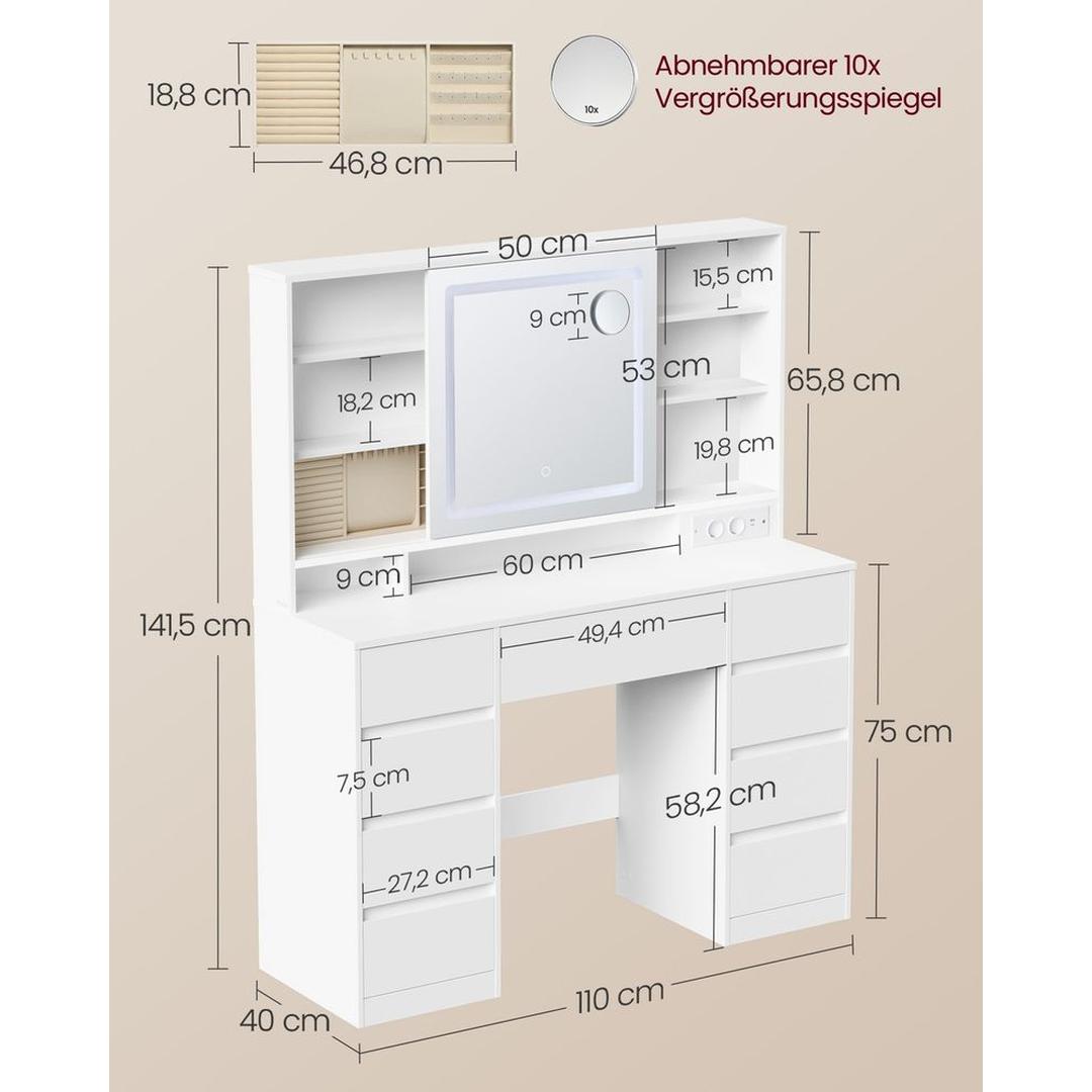 Kaptafel met Spiegel en LED-verlichting – Make-uptafel met 9 Lades, Open Vakken en Verstelbare Planken in Wolkenwit