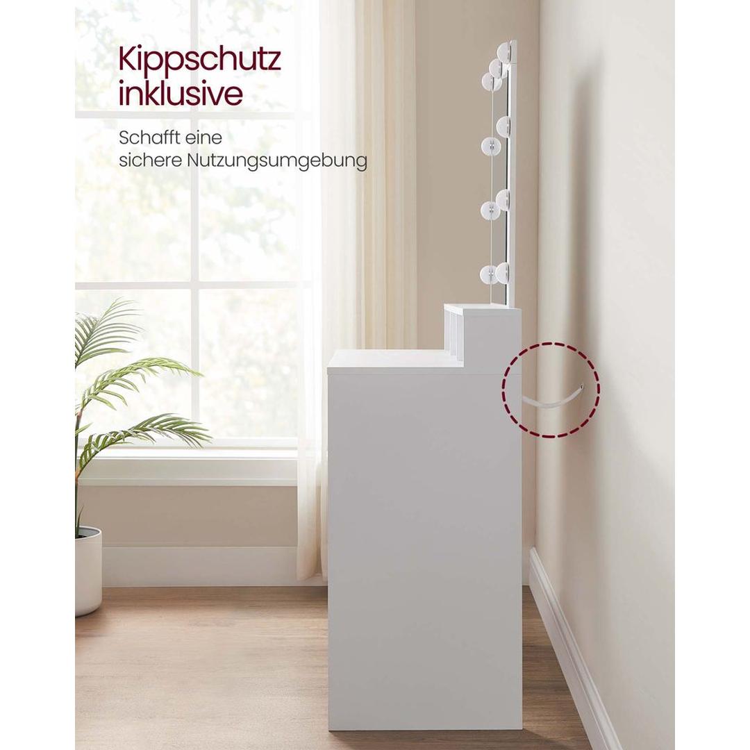 Kaptafel met LED-verlichting – Moderne Make-uptafel in Wit met Spiegel en Kantelbeveiliging