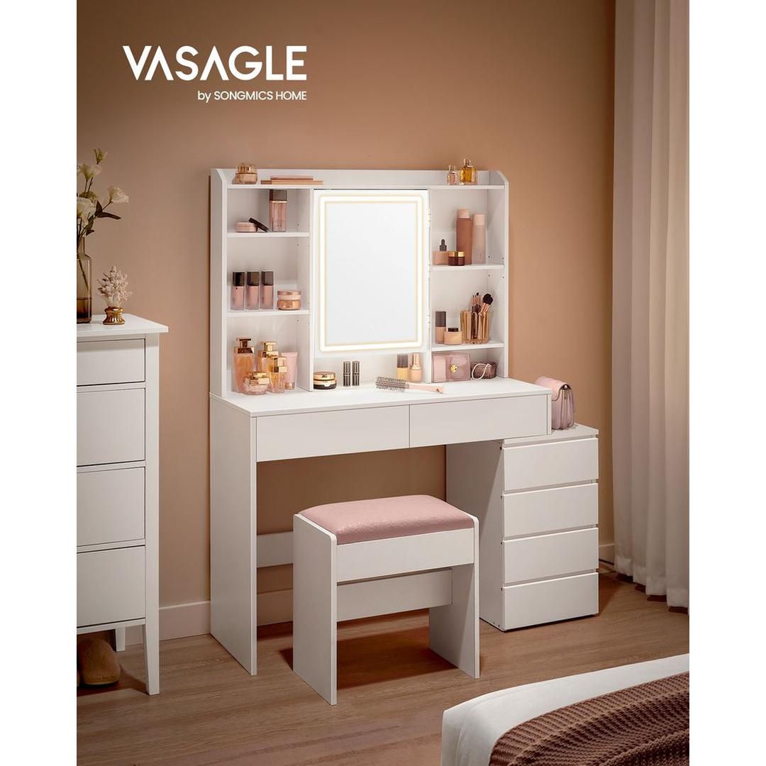 Make-uptafel met LED Verlichting – Kaptafel met Spiegel, 17 Opbergvakken en Verstelbare Legplanken