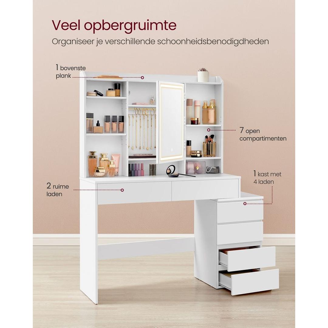 Make-up Tafel met LED Verlichting – Kaptafel met Spiegel en 17 Opbergvakken, Verstelbare Legplanken