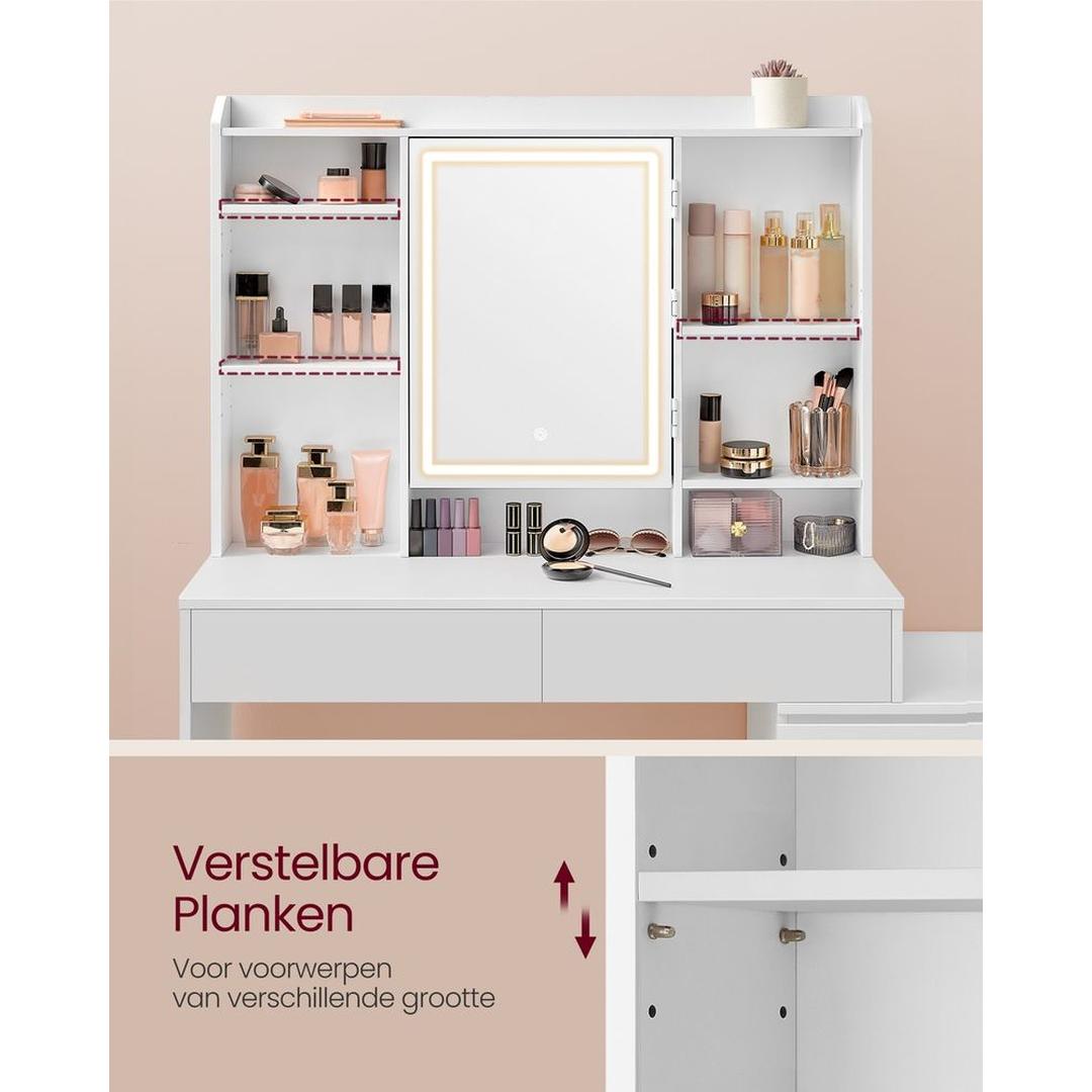 Make-up Tafel met LED Verlichting – Kaptafel met Spiegel en 17 Opbergvakken, Verstelbare Legplanken