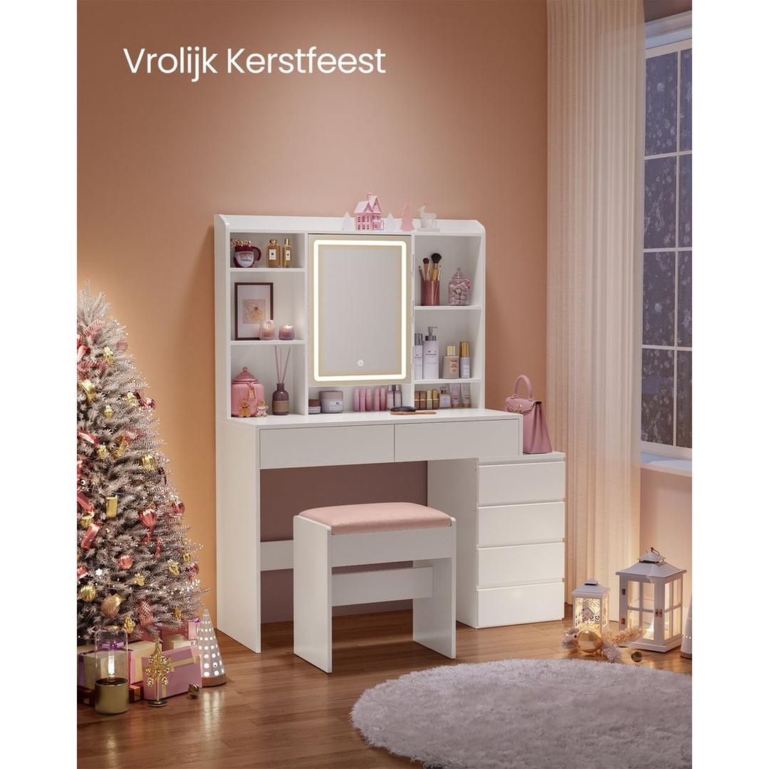 Make-uptafel met LED Verlichting – Kaptafel met Spiegel, 17 Opbergvakken en Verstelbare Legplanken
