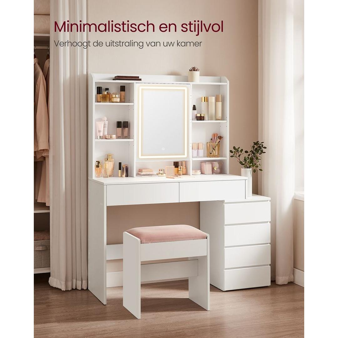 Make-up Tafel met LED Verlichting – Kaptafel met Spiegel en 17 Opbergvakken, Verstelbare Legplanken