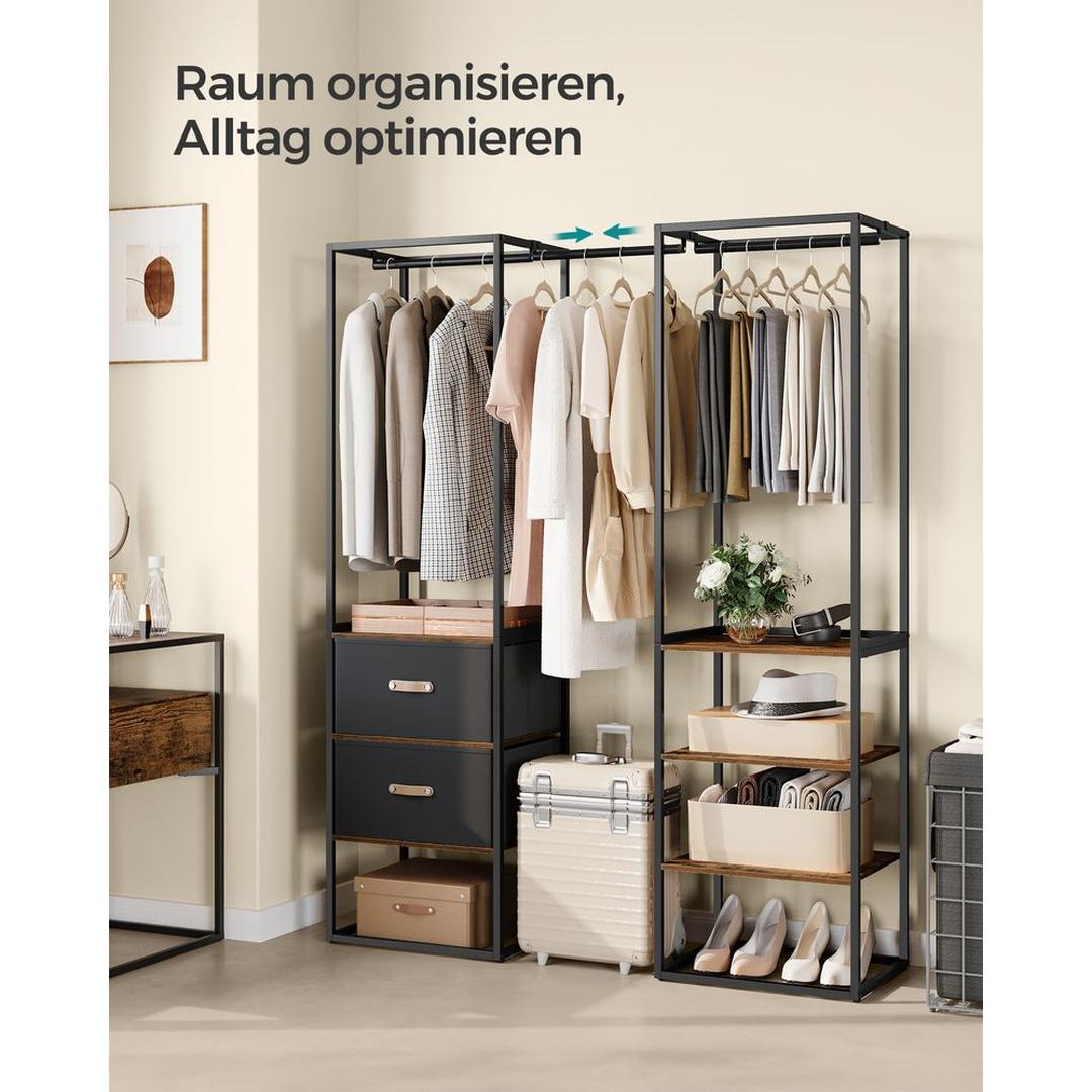 Kledingrek met 2 Lades en 4 Legplanken – Open Garderobekast van Staal en Spaanplaat in Vintage Bruin