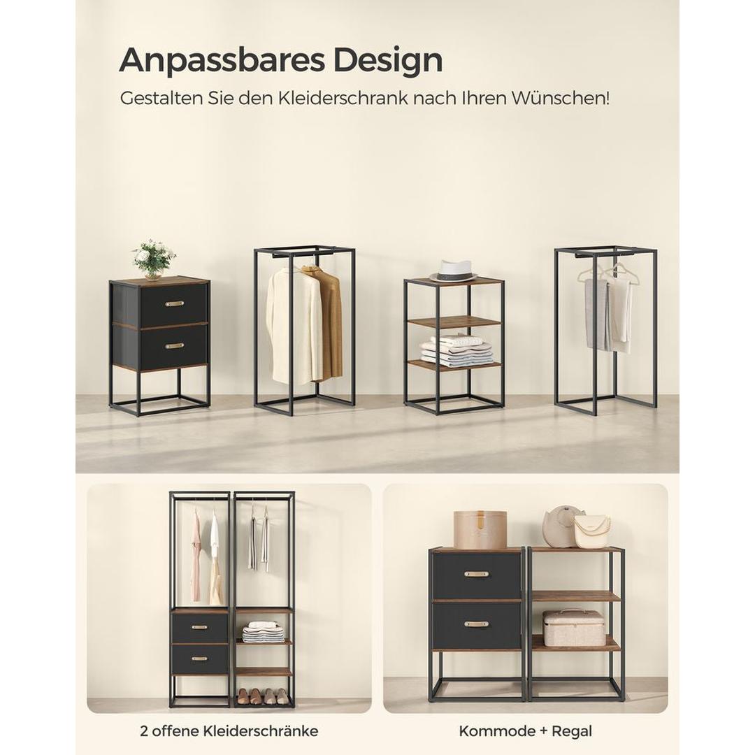 Kledingrek met 2 Lades en 4 Legplanken – Open Garderobekast van Staal en Spaanplaat in Vintage Bruin