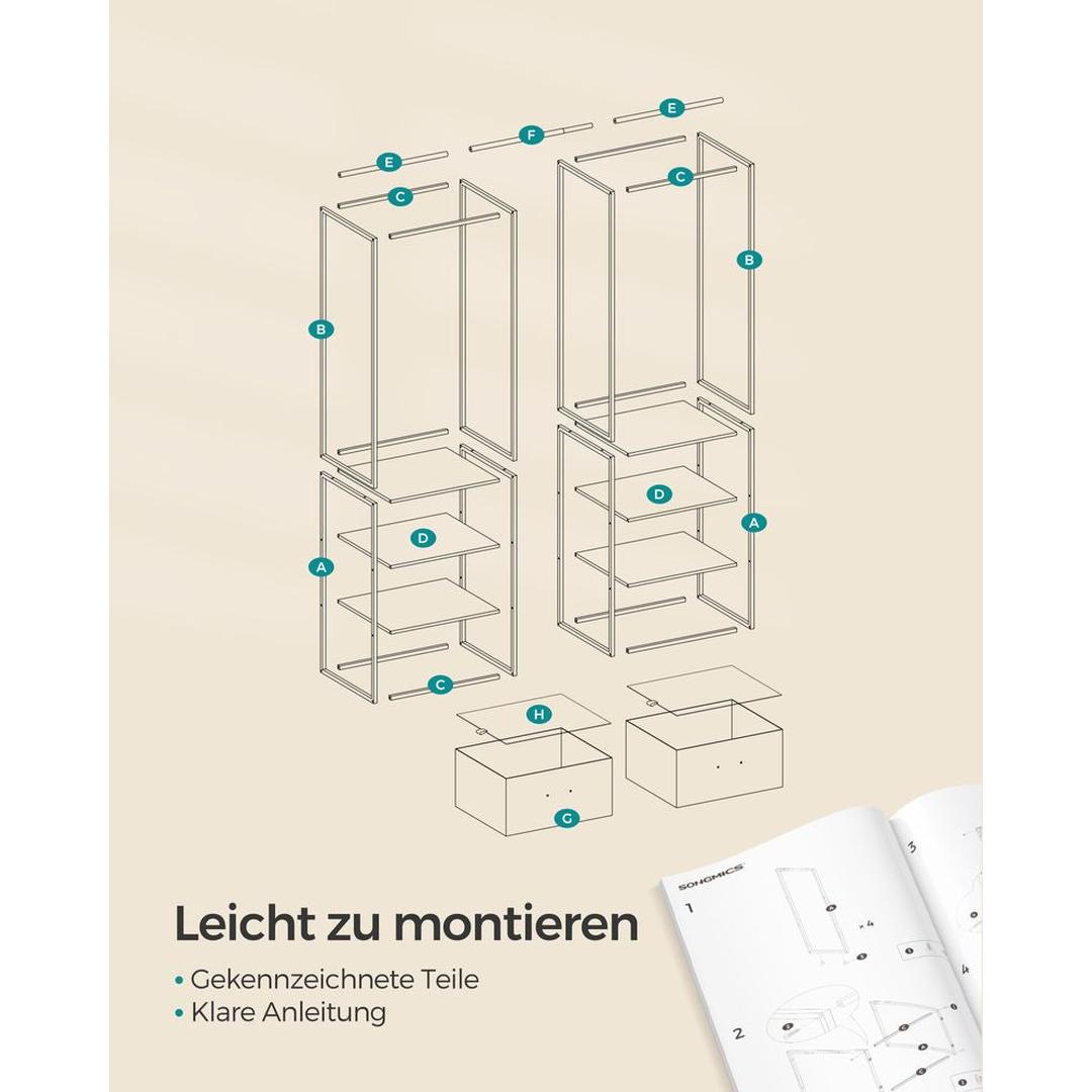 Kledingrek met 2 Lades en 4 Legplanken – Open Garderobekast van Staal en Spaanplaat in Vintage Bruin