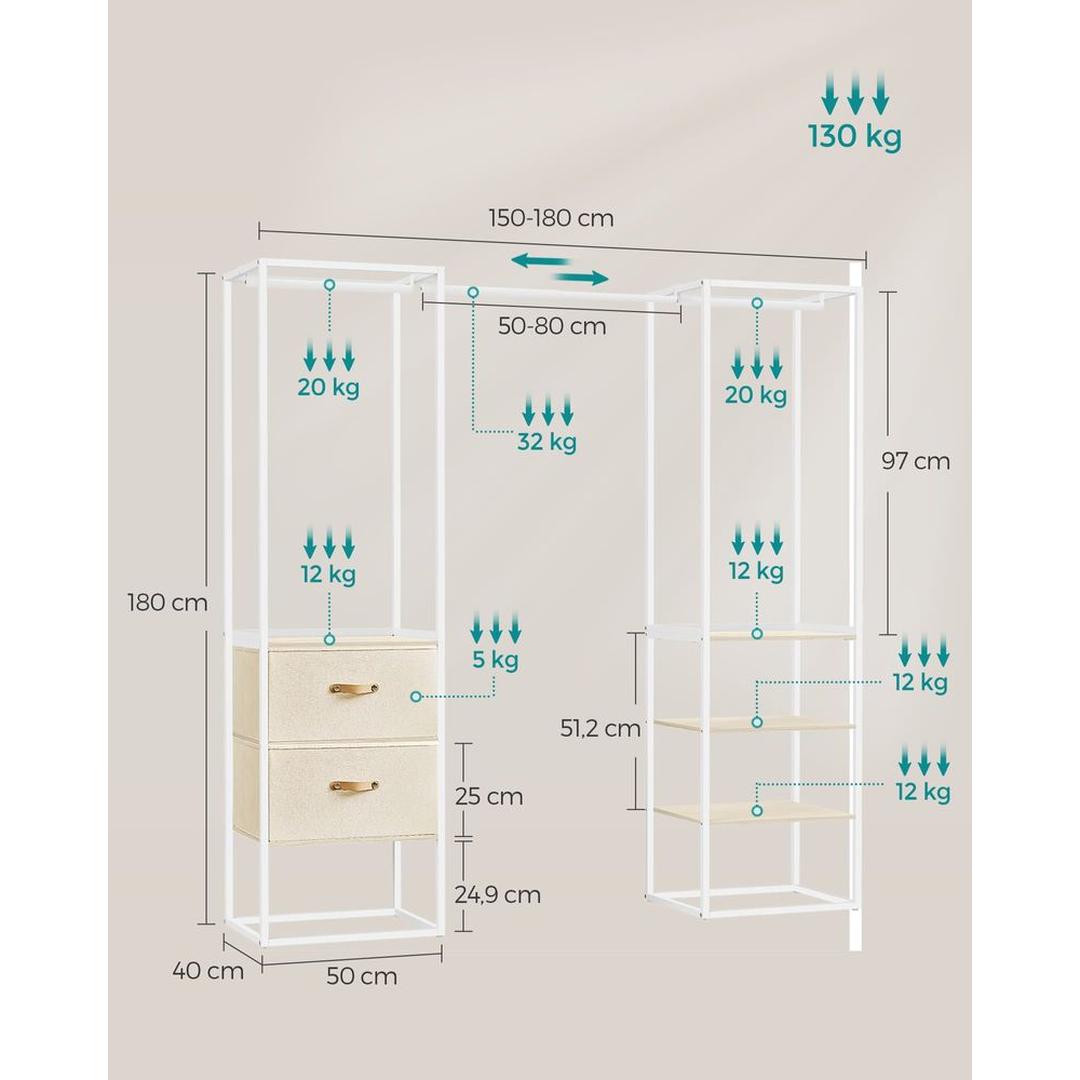 Kledingrek met 2 Lades en 4 Legplanken – Open Garderobekast van Staal en Spaanplaat in Vintage Bruin