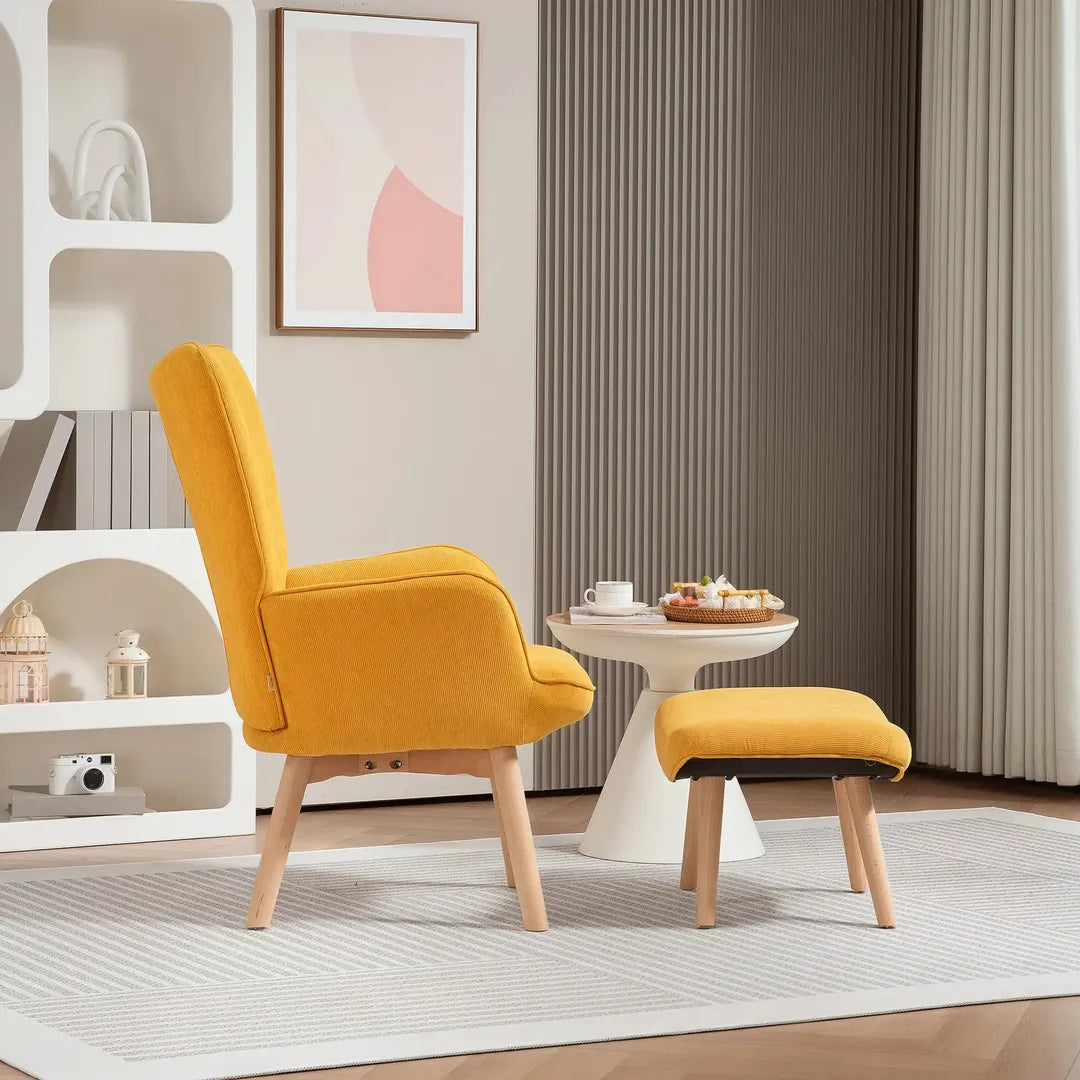 Fauteuil met Hocker – Relaxstoel in Cordstof met Armleuningen en Houten Poten, Grijs, voor Woonkamer