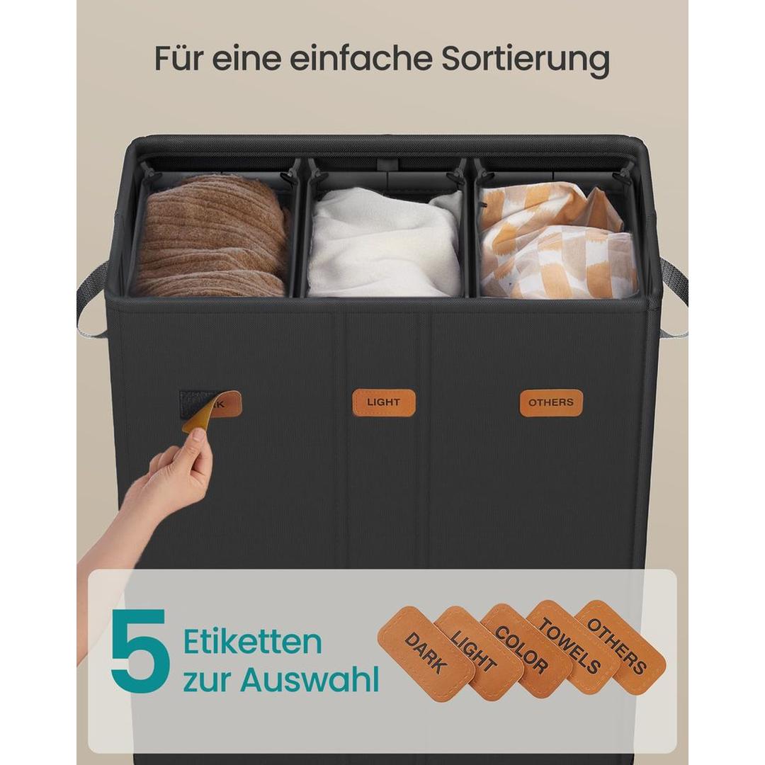 Wasmand met 3 Compartimenten en Afneembare Wasbare Binnenzak – Wasbox met Deksel en Sorteerlabels