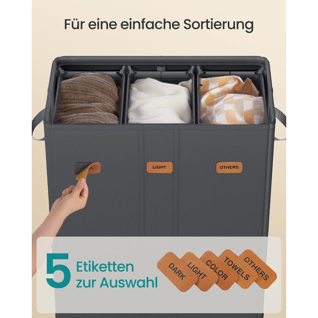 Wasmand met 3 Compartimenten en Afneembare Wasbare Binnenzak – Wasbox met Deksel en Sorteerlabels