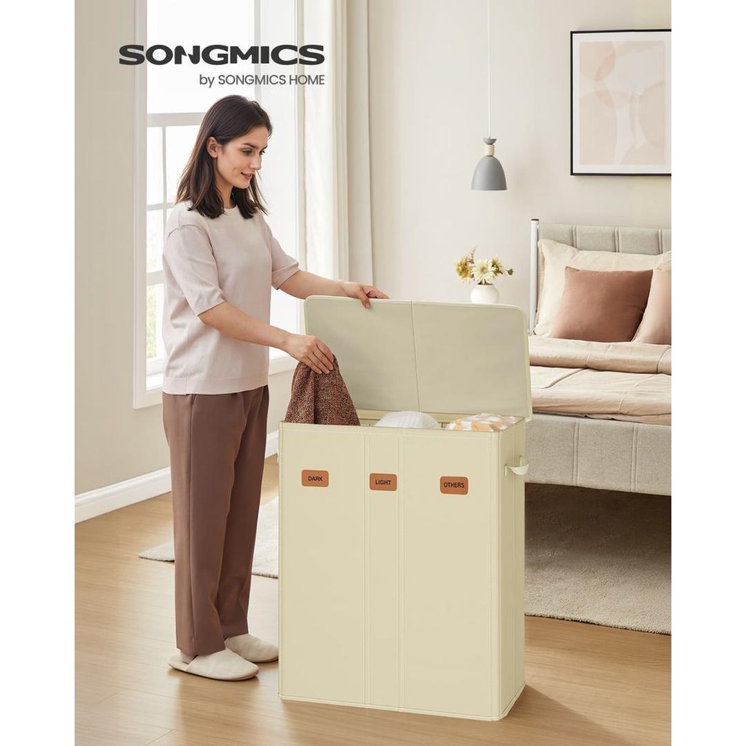 Wasmand met 3 Compartimenten en Afneembare Wasbare Binnenzak – Wasbox met Deksel en Sorteerlabels